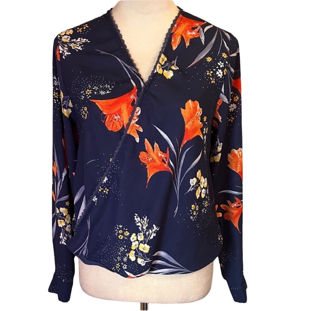 Elegant Floral Navy Wrap Blouse